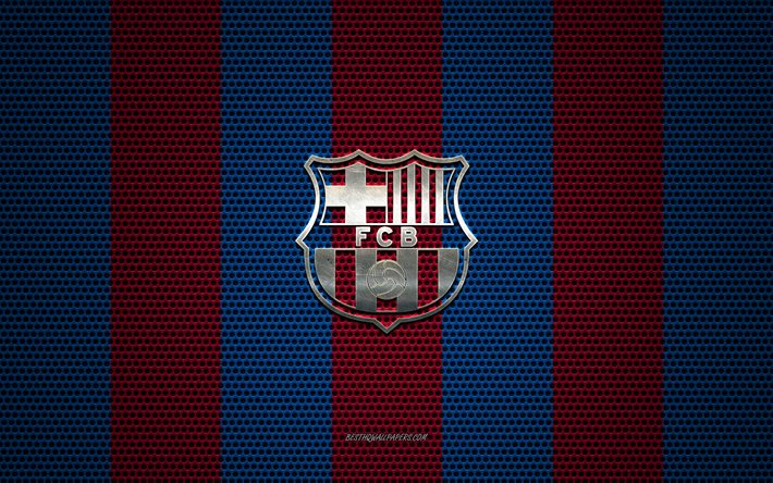 FC Barcelona logo, Spanish football club, metal emblem, blue burgundy metal mesh background, FC Barcelona, La Liga, Barcelona, Catalonia, Spain, football