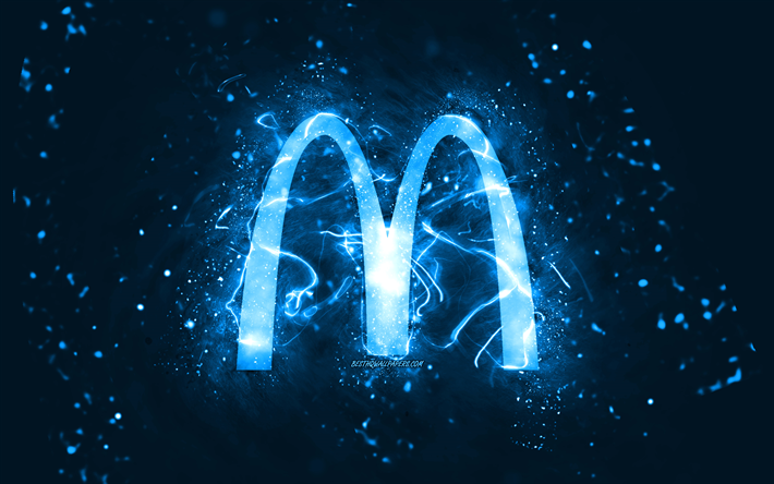 logo mcdonalds blu, 4k, luci al neon blu, sfondo astratto blu creativo, logo mcdonalds, marchi, mcdonalds