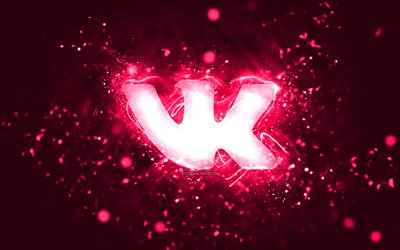 VKontakte pink logo, 4k, pink neon lights, creative, pink abstract background, VKontakte logo, social network, VKontakte