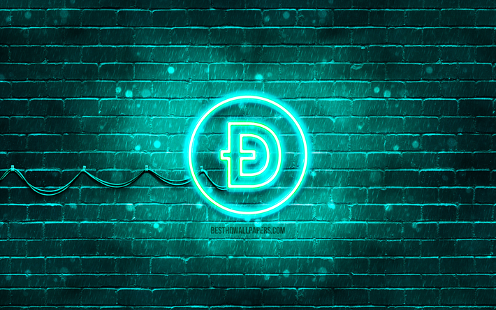 Dogecoin turquoise logo, 4k, turquoise brickwall, Dogecoin logo, cryptocurrency, Dogecoin neon logo, Dogecoin