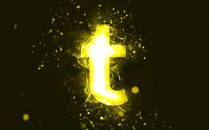 tumblrの黄色のロゴ, 4k, 黄色のネオンライト, クリエイティブ, 黄色の抽象的な背景, tumblrのロゴ, ソーシャルネットワーク, タンブラー