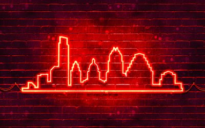 austinin punainen neonsiluetti, 4k, punaiset neonvalot, austinin siluetti, punainen tiilisein&#228;, amerikkalaiset kaupungit, neon siluetit, usa, austin