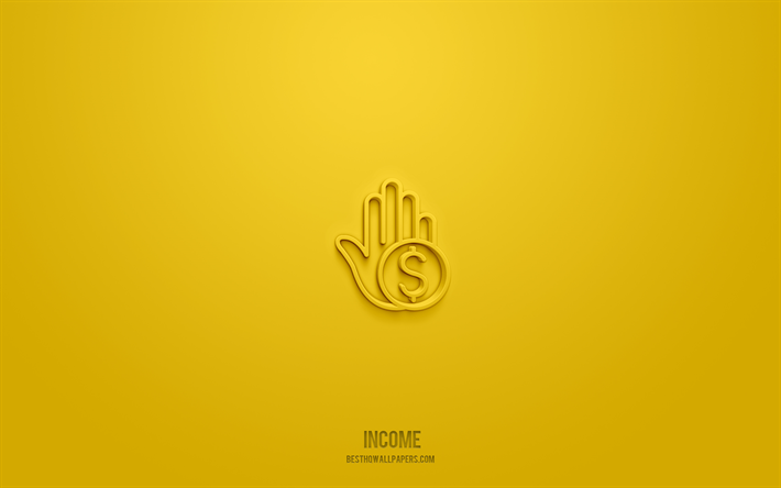 収入3dアイコン, 黄色の背景, 3dシンボル, 所得, ビジネスアイコン, 3dアイコン, 収入サイン, ビジネス3dアイコン