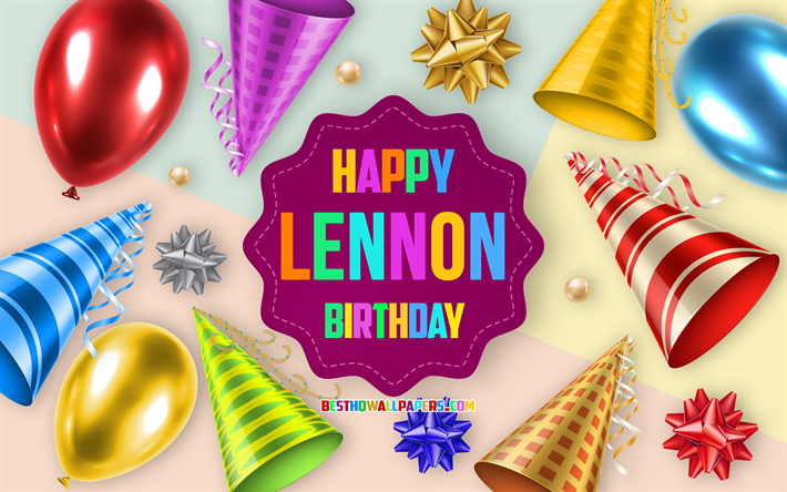 お誕生日おめでとうレノン, 4k, 誕生日バルーンの背景, レノン, クリエイティブアート, レノンの誕生日おめでとう, 絹の弓, レノンの誕生日, 誕生日パーティーの背景