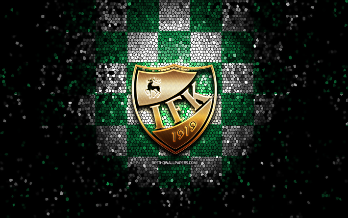 ifk mariehamn, logo scintillant, veikkausliiga, fond vert &#224; carreaux blancs, football, club de football finlandais, logo ifk mariehamn, art de la mosa&#239;que, ifk mariehamn fc