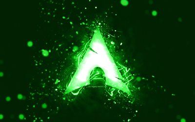 شعار arch linux الأخضر, 4k, أضواء النيون الخضراء, خلاق, أخضر، جرد، الخلفية, شعار arch linux, لينكس, قوس لينكس
