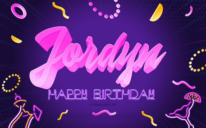 Happy Birthday Jordyn, 4k, Purple Party Background, Jordyn, creative art, Happy Jordyn birthday, Jordyn name, Jordyn Birthday, Birthday Party Background