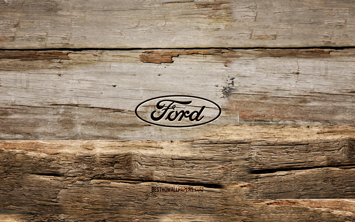 Ford wooden logo, 4K, wooden backgrounds, cars brands, Ford logo, creative, wood carving, Ford