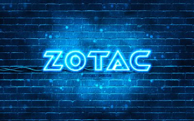 Zotac blue logo, 4k, blue brickwall, Zotac logo, brands, Zotac neon logo, Zotac