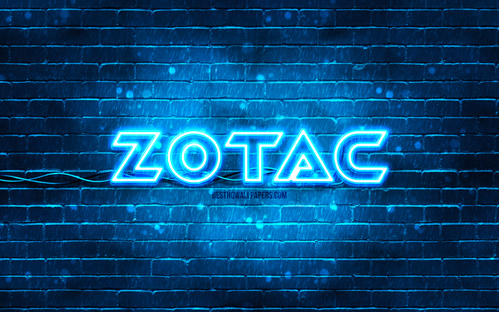 zotacブルーのロゴ, 4k, 青いレンガの壁, zotacロゴ, ブランド, zotacネオンロゴ, zotac