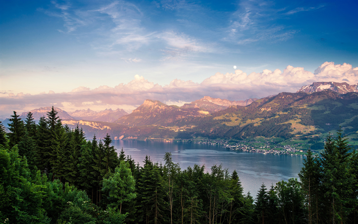 Lake Zurich, 4k, mountain, swiss landmarks, Europe, Switzerland, beautiful nature