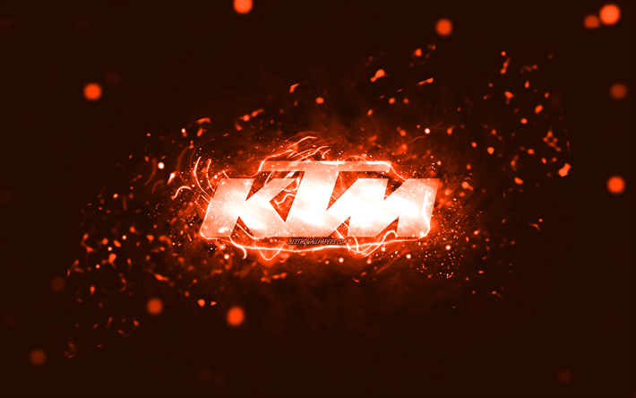 KTM orange logo, 4k, orange neon lights, creative, orange abstract background, KTM logo, brands, KTM