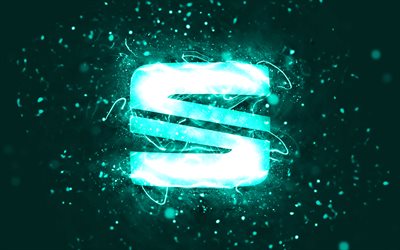 si&#232;ge turquoise logo, 4k, turquoise n&#233;ons, cr&#233;atif, turquoise abstrait, si&#232;ge logo, marques de voitures, si&#232;ge