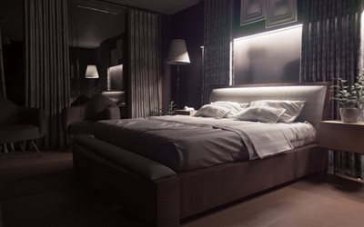 スタイリッシュなベッドルームのデザイン, 寝室の灰色の壁, モダンなインテリアデザイン, 寝室のアイデア