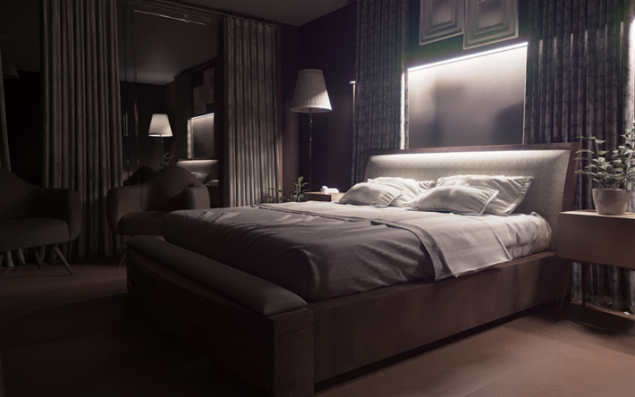 design de quarto elegante, paredes cinzentas no quarto, design de interiores moderno, ideia de quarto