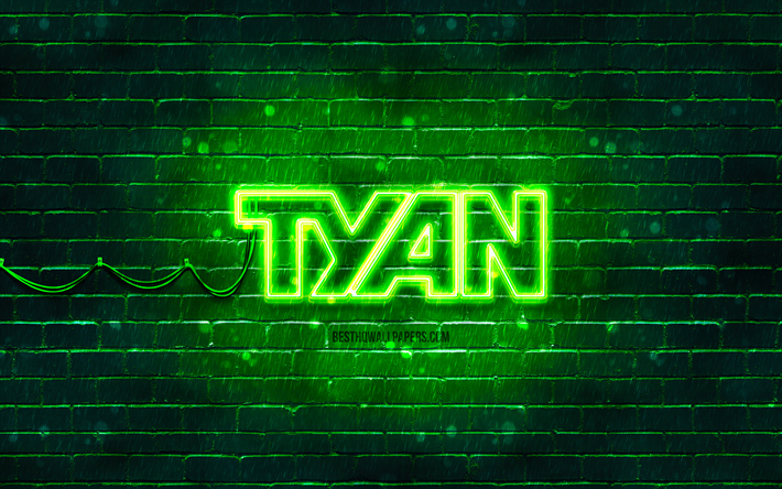 logotipo verde de tyan, 4k, pared de ladrillo verde, logotipo de tyan, marcas, logotipo de ne&#243;n de tyan, tyan