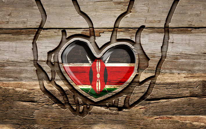 amo il kenya, 4k, mani intagliate in legno, giornata del kenya, bandiera del kenya, prenditi cura del kenya, creativo, bandiera del kenya in mano, intaglio del legno, paesi africani, kenya