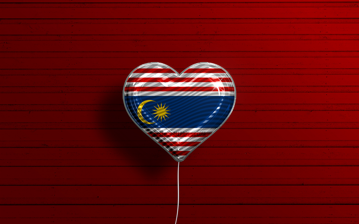 クアラルンプールが大好き, 4k, リアルな風船, 赤い木の背景, クアラルンプールの日, マレーシアの州, クアラルンプールの旗, マレーシア, 旗が付いている気球, クアラルンプール