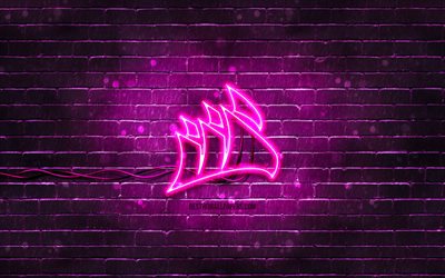 corsair logo violet, 4k, violet brickwall, corsair logo, marques, corsair n&#233;on logo, corsair