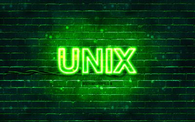 Unix green logo, 4k, green brickwall, Unix logo, operating systems, Unix neon logo, Unix