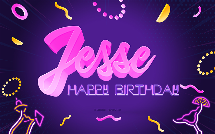 buon compleanno jesse, 4k, sfondo festa viola, jesse, arte creativa, nome jesse, compleanno jesse, sfondo festa di compleanno