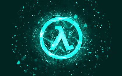 Half-Life turquoise logo, 4k, turquoise neon lights, creative, turquoise abstract background, Half-Life logo, games logos, Half-Life
