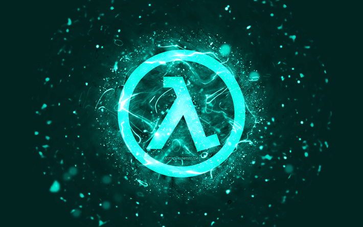 logo turquoise half-life, 4k, n&#233;ons turquoise, cr&#233;atif, abstrait turquoise, logo half-life, logos de jeux, half-life