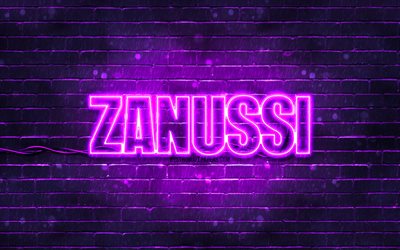 Zanussi violet logo, 4k, violet brickwall, Zanussi logo, brands, Zanussi neon logo, Zanussi