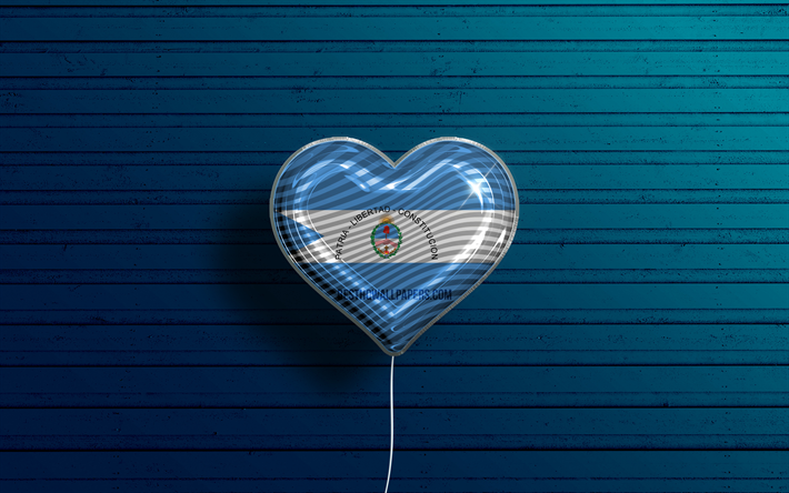 私はコリエンテスが大好きです, 4k, リアルな風船, 青い木製の背景, コリエンテスの日, アルゼンチンの州, コリエンテスの旗, アルゼンチン, 旗が付いている気球, コリエンテス旗, コリエンテス