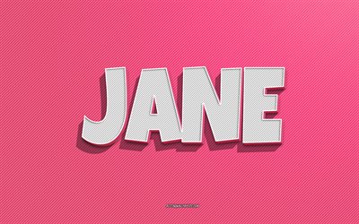 jane, rosa linjer bakgrund, tapeter med namn, jane namn, kvinnliga namn, jane gratulationskort, line art, bild med jane namn