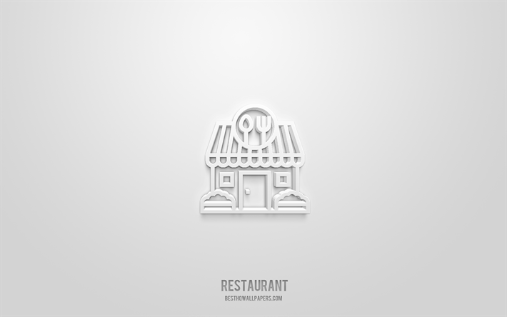 مطعم رمز 3d, خلفية بيضاء, رموز ثلاثية الأبعاد, مطعم, أيقونات الفندق, أيقونات ثلاثية الأبعاد, علامة المطعم, فندق 3d الرموز