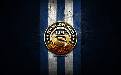 Slovacko FC, golden logo, Czech First League, blue metal background, football, czech football club, FC Slovacko logo, soccer, FC Slovacko