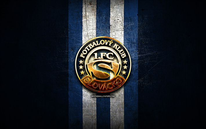 slovacko fc, logo dorato, czech first league, sfondo di metallo blu, calcio, club di calcio ceco, logo fc slovacko, fc slovacko