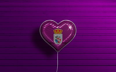 I Love Soria, 4k, realistic balloons, violet wooden background, Day of Soria, spanish provinces, flag of Soria, Spain, balloon with flag, Provinces of Spain, Soria flag, Soria
