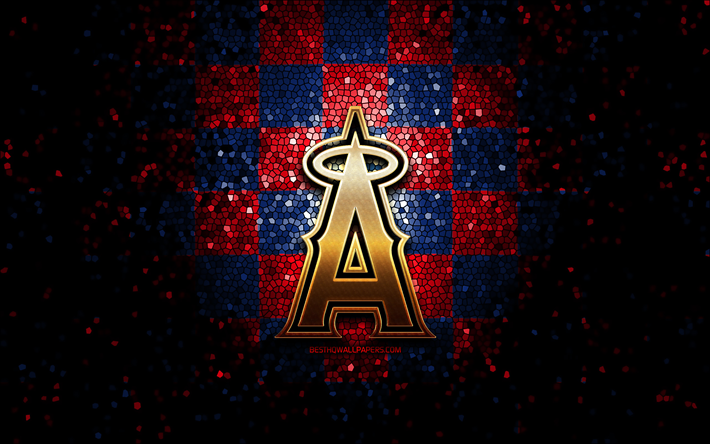 Los Angeles Angels emblem, glitter logo, MLB, red blue checkered background, american baseball team, Major League Baseball, mosaic art, baseball, Los Angeles Angels, LA Angels