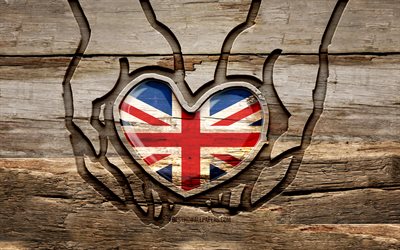 I love United Kingdom, 4K, wooden carving hands, Day of United Kingdom, Flag of United Kingdom, creative, United Kingdom flag, British flag, United Kingdom flag in hand, Take care United Kingdom, wood carving, Europe, United Kingdom