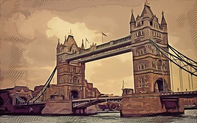 London, Tower Bridge, England, 4k, vector art, Tower Bridge drawing, creative art, Tower Bridge art, vector drawing, London cityscape, London art