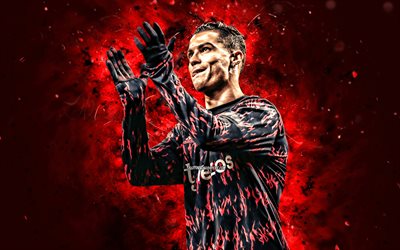Cristiano Ronaldo, 4k, applause, Manchester United FC, football stars, CR7, Manchester United, red neon lights, Cristiano Ronaldo Manchester United, CR7 Man United, Cristiano Ronaldo 4K