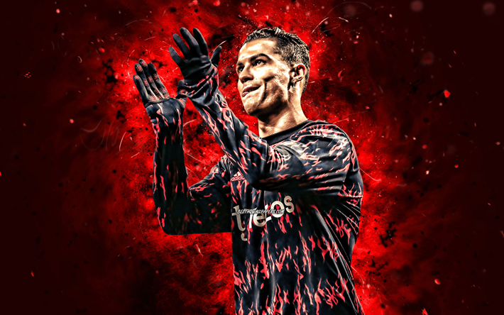 cristiano ronaldo, 4k, les applaudissements, le manchester united fc, les stars du football, cr7, manchester united, les n&#233;ons rouges, cristiano ronaldo manchester united, cr7 man united, cristiano ronaldo 4k