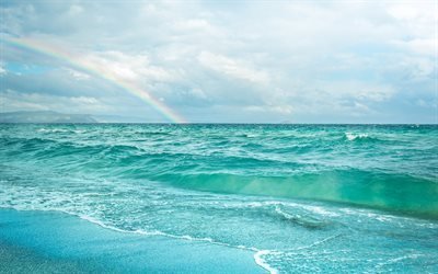 Sea, rainbow, coast, waves, beach