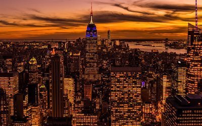 نيويورك, مبنى إمباير ستيت, ناطحات السحاب, مساء, أضواء المدينة, الولايات المتحدة الأمريكية