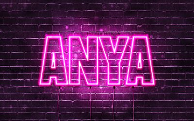 Anya, 4k, adları Anya adı ile, Bayan isimleri, Anya adı, mor neon ışıkları, yatay metin, resim ile duvar kağıtları