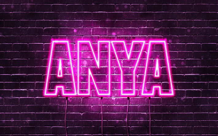 Anya, 4k, pap&#233;is de parede com os nomes de, nomes femininos, Anya nome, roxo luzes de neon, texto horizontal, imagem com Anya nome