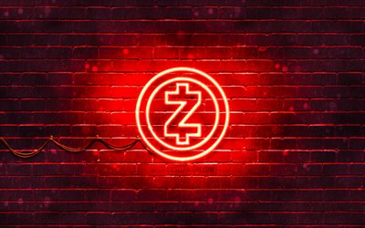 Zcash red logo, 4k, red brickwall, Zcash logo, cryptocurrency, Zcash neon logo, cryptocurrency signs, Zcash