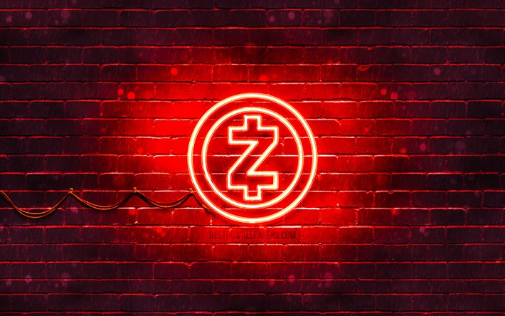zcash red-logo, 4k, red brickwall, zcash logo, kryptogeld, zcash neon-logo, kryptogeld zeichen, zcash