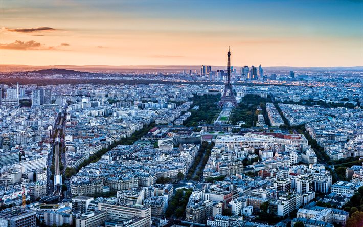 Paris, sunset, Eiffel Tower, panorama, french cities, Europe, France, Paris at summer, french landmarks