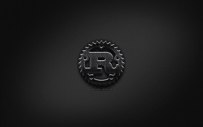 Rust black logo, programming language, grid metal background, Rust, artwork, creative, programming language signs, Rust logo