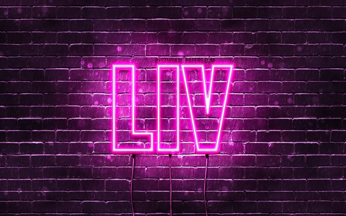 Liv, 4k, wallpapers with names, female names, Liv name, purple neon lights, horizontal text, picture with Liv name