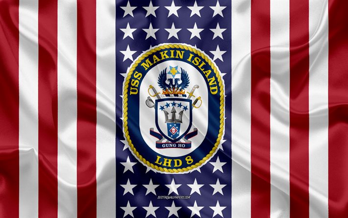 uss makin island-emblem, lhd-8, american flag, us-navy, usa, uss makin island-abzeichen, us-kriegsschiff, wappen der uss makin island