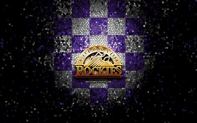 Colorado Rockies, glitter logo, MLB, violet gray checkered background, USA, american baseball team, Colorado Rockies logo, mosaic art, baseball, America